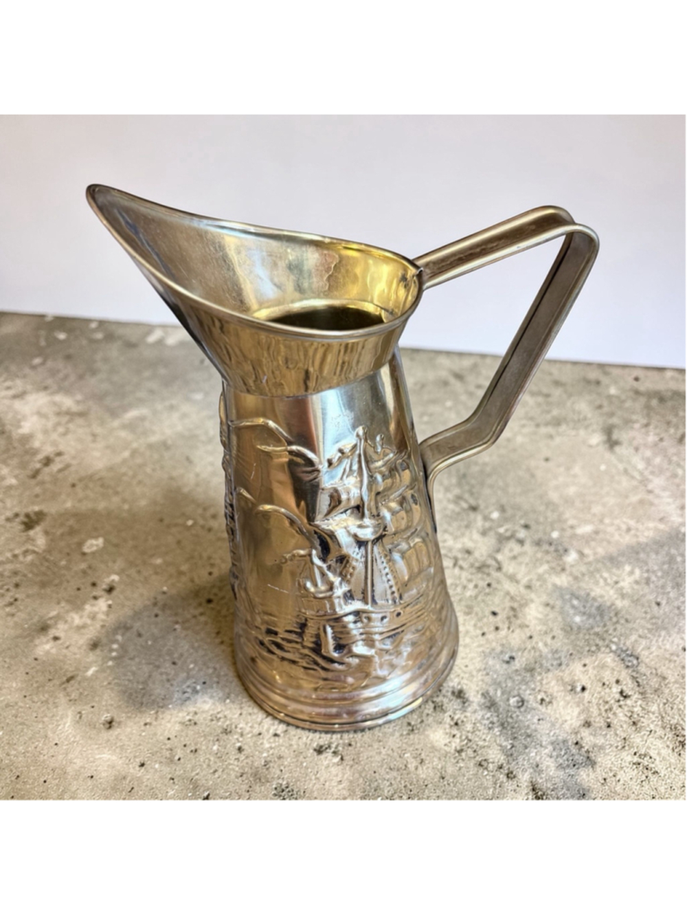 Vintage Brass Nautical Pitcher Tall Ship & Lighthouse Coastal Decor 6.5” - Picture 3 of 8
